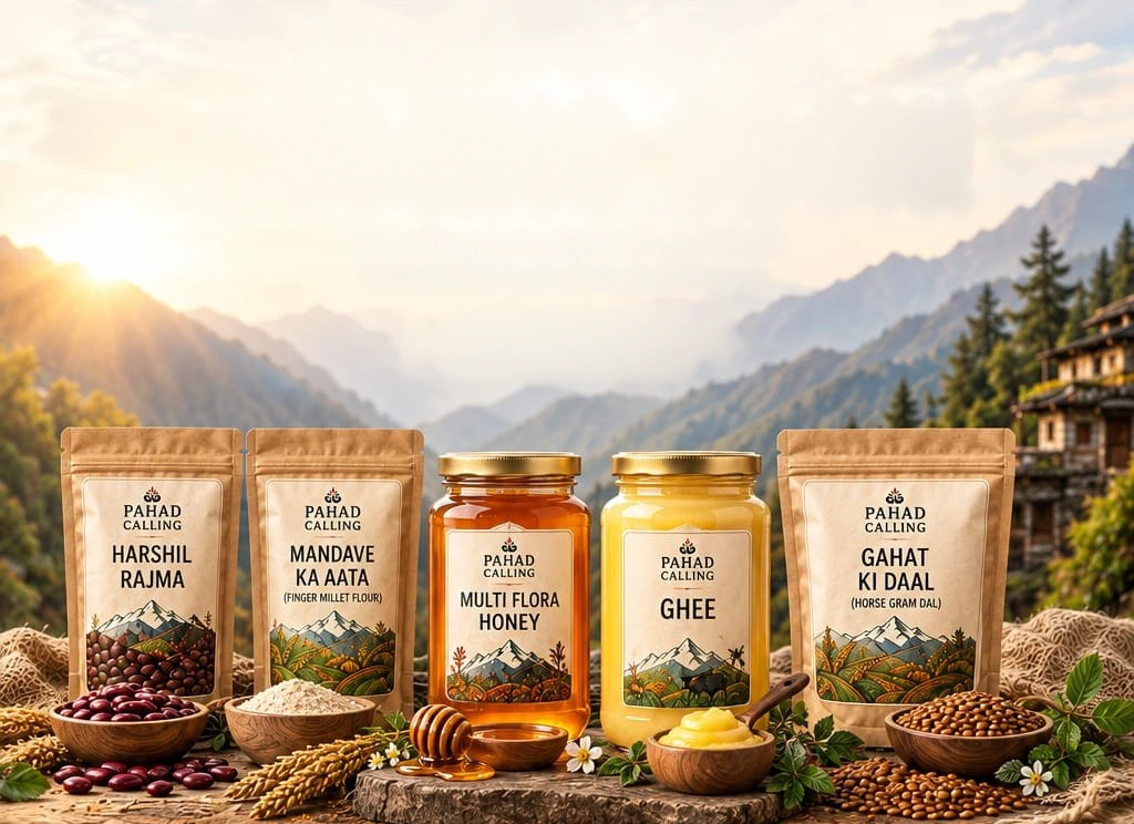 Kraft pouches of Harshil Rajma, Mandave ka Aata and Gahat ki Daal beside jars of Multi Flora Honey and Ghee, with wooden bowls of beans, flour and lentils, in front of a sunlit Himalayan valley